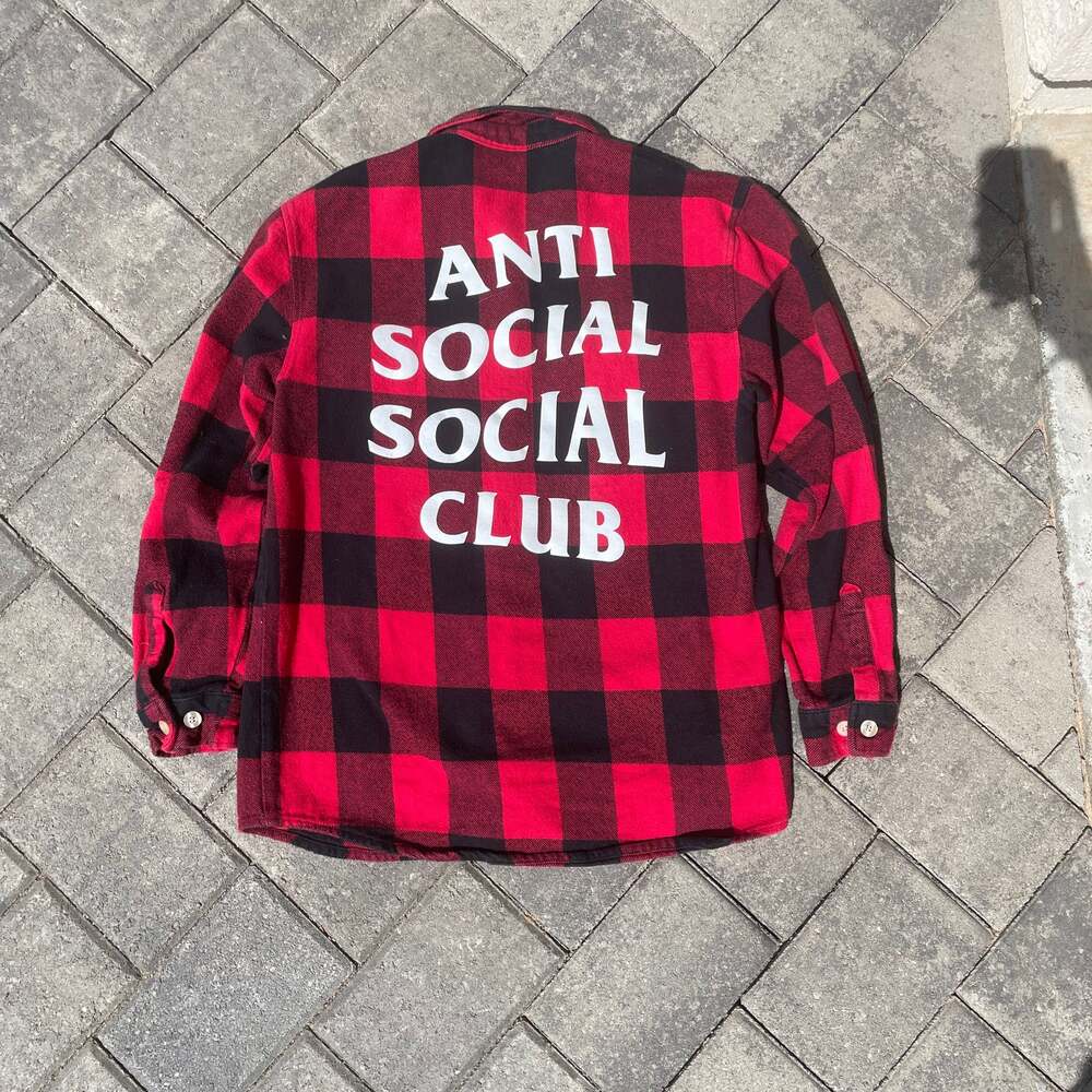 Y2K Anti Social Social Club Red Black Buffalo Plaid Flannel Shirt (Size M)